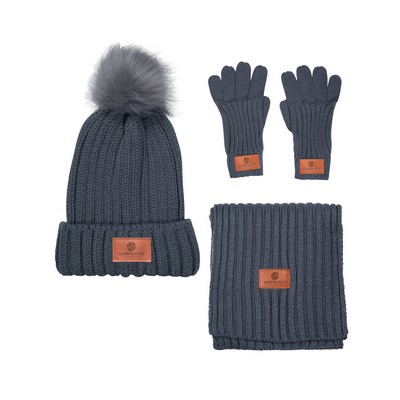 Three-Piece Rib Knit Fur Pom Winter Set